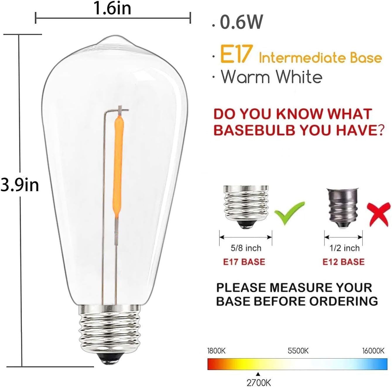 Paquete de 10 bombillas LED Edison, bombillas de repuesto regulables inastillables de 0.6 W, bombillas ST40 de plástico transparente para tira de