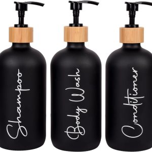 Botellas de bomba de champú y acondicionador de 17 onzas, dispensador de jabón, cabezal de bomba de bambú, vidrio vacío, recargable, champú, Botellas de bomba de champú y acondicionador de 17 onzas, dispensador de jabón, cabezal de bomba de bambú, vidrio vacío, recargable, champú,