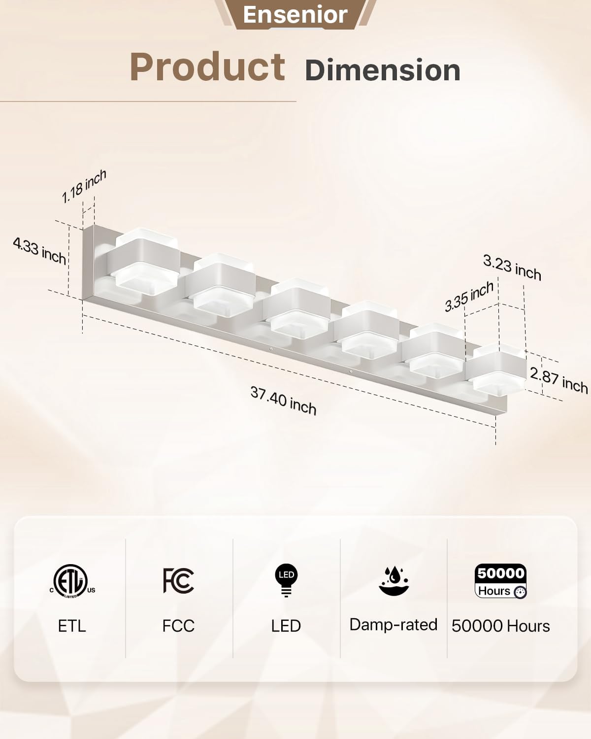 Ensenior Lámparas de baño, luces LED regulables sobre el espejo, CRI 90, luz diurna de 5000 K, acero inoxidable acrílico, 6 luces para tocador