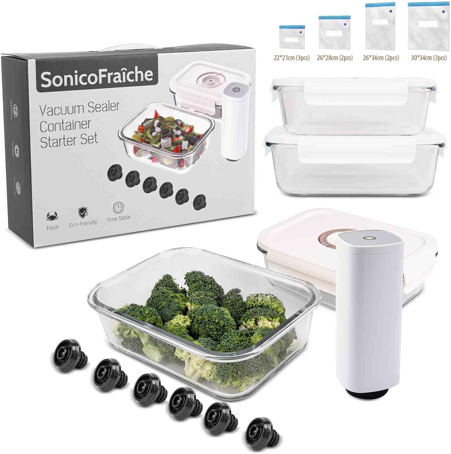 SonicoFraîche Juego de iniciación de máquina selladora al vacío con sellador de batería eléctrico automático, recipientes de alimentos de vidrio al
