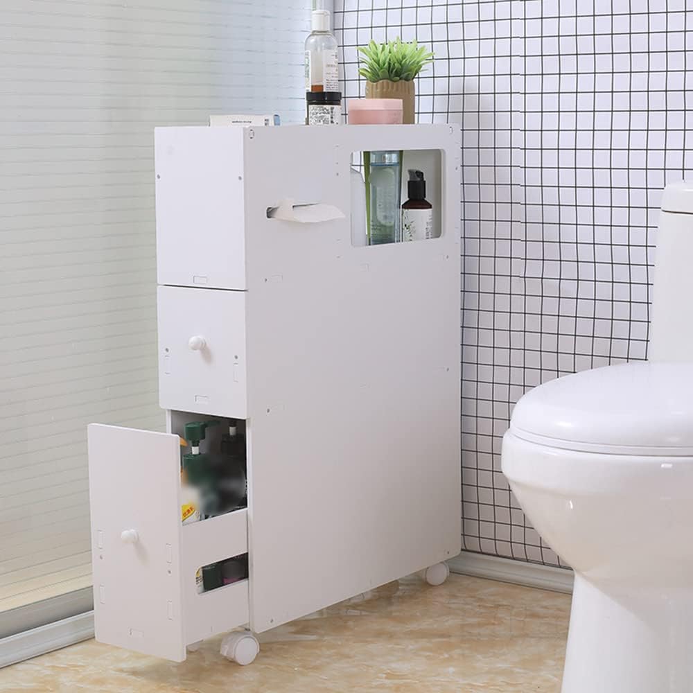 SHOUMANUAL Gabinete de almacenamiento de baño, organizador de almacenamiento de piso estrecho de 4 capas con cajones deslizantes y ruedas,