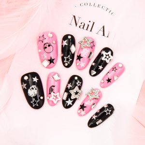 Yasterd Uñas postizas a presión de almendra mediana con diseño de corazón malvado, 100% pintadas a mano, gel reutilizable, acabado UV, uñas postizas Yasterd Uñas postizas a presión de almendra mediana con diseño de corazón malvado, 100% pintadas a mano, gel reutilizable, acabado UV, uñas postizas