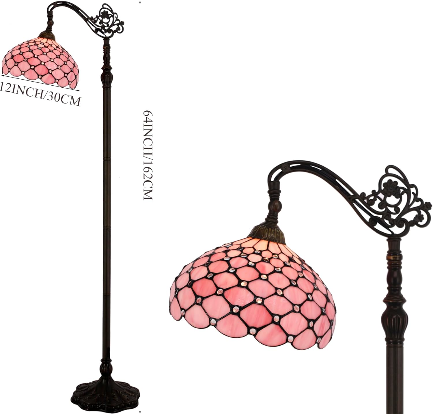 WERFACTORY Tiffany – Lámpara de pie con cuentas de perlas de color rosa, 12 x 18 x 64 pulgadas, cuello de cisne ajustable, luz de lectura para