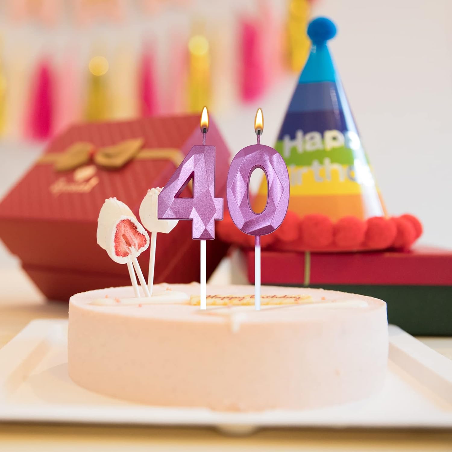 Velas de cumpleaños de 40 para pastel, color rosa, número 40, 3D, forma de diamante, decoración de cumpleaños, suministros de fiesta para mujeres u