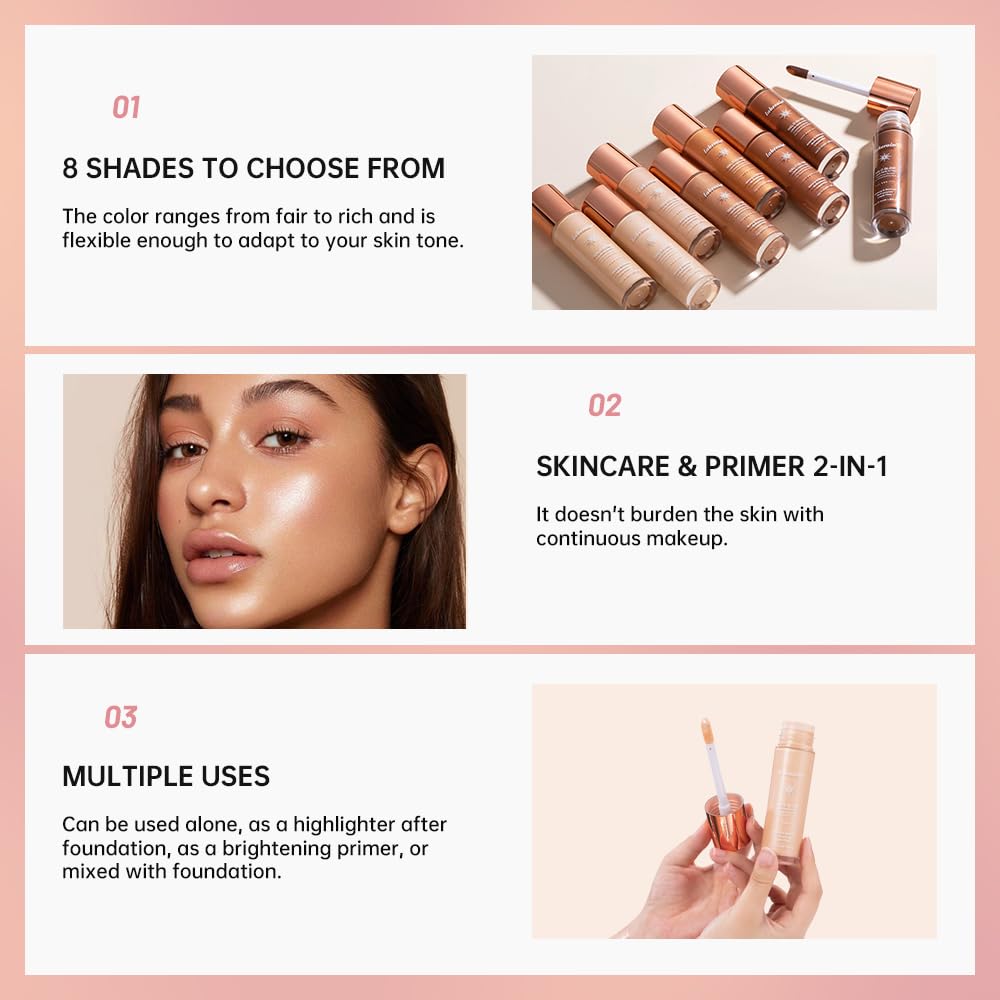 Filtro líquido Halo Glow  Maquillaje resaltador líquido Body Glow Shimmer para la cara  Acabado brillante natural, iluminador facial ligero