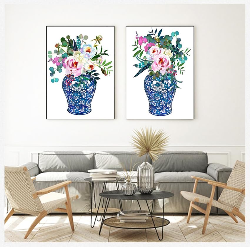 3 piezas de arte de pared de jengibre ramos de acuarela chinoiserie decoración lienzo impreso floral botánico póster florero rosas pintura porcelana