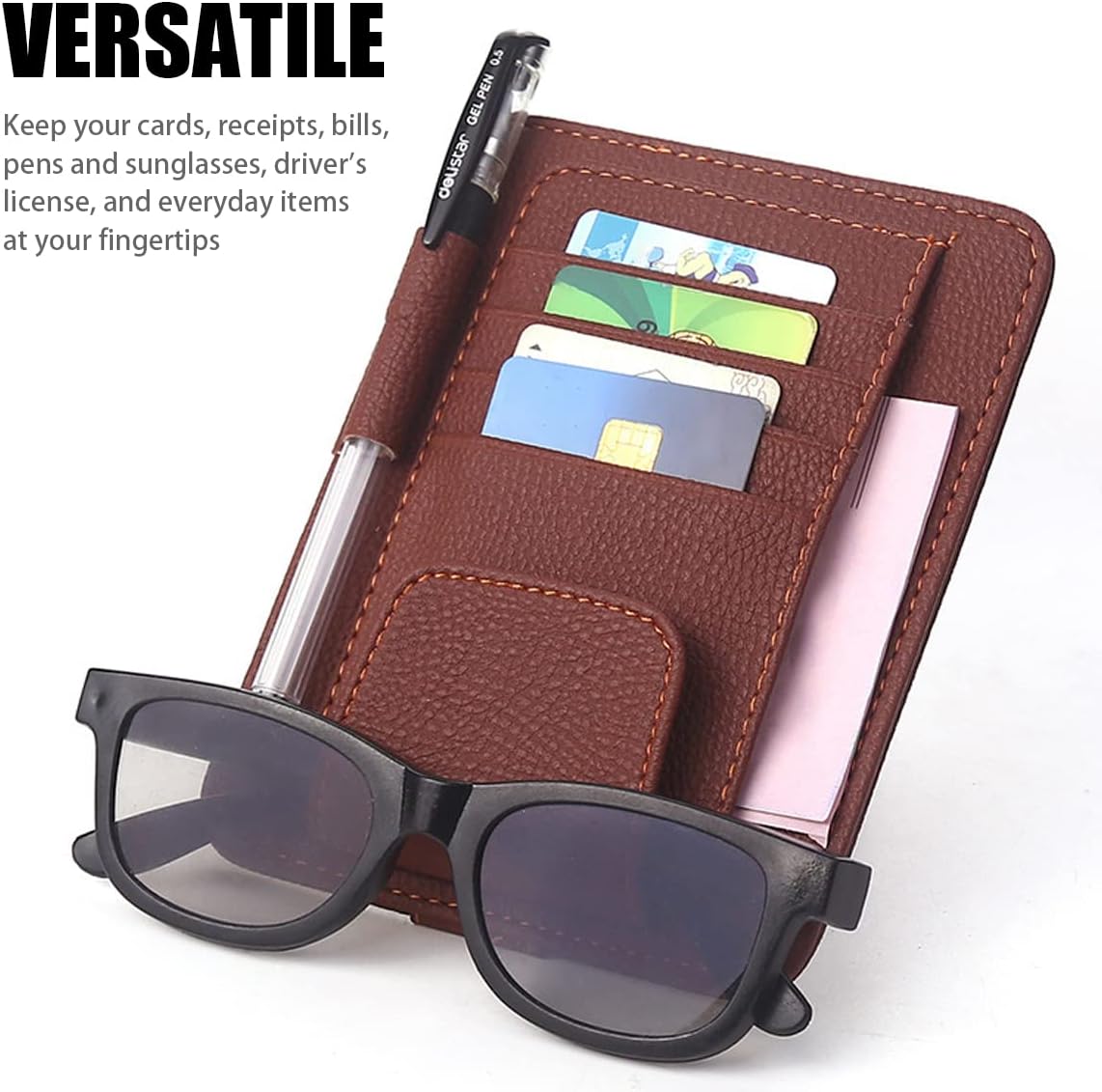 Blilo Organizador de cuero para visera de automóvil con soporte para lentes de sol, clip multifuncional para tarjetas de crédito y billetes y