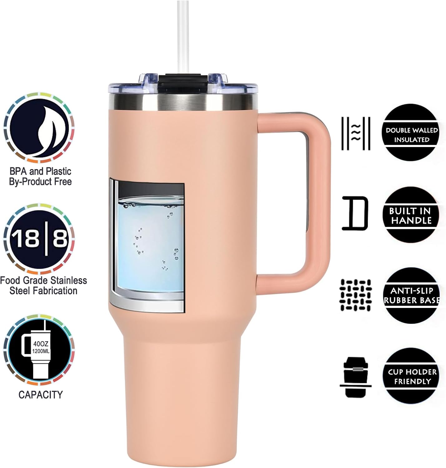 ASPERFFORT Vaso de 40 onzas con asa y tapa con pajilla, botella de agua de acero inoxidable, taza de viaje aislada al vacío, taza de café helado