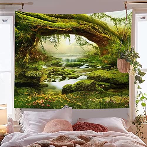 Tapiz de bosque mágico, decoración para el hogar, sala de estar, dormitorio, para usar como cortina (luz del sol y arroyo, 90.5 de largo x 70.8 de