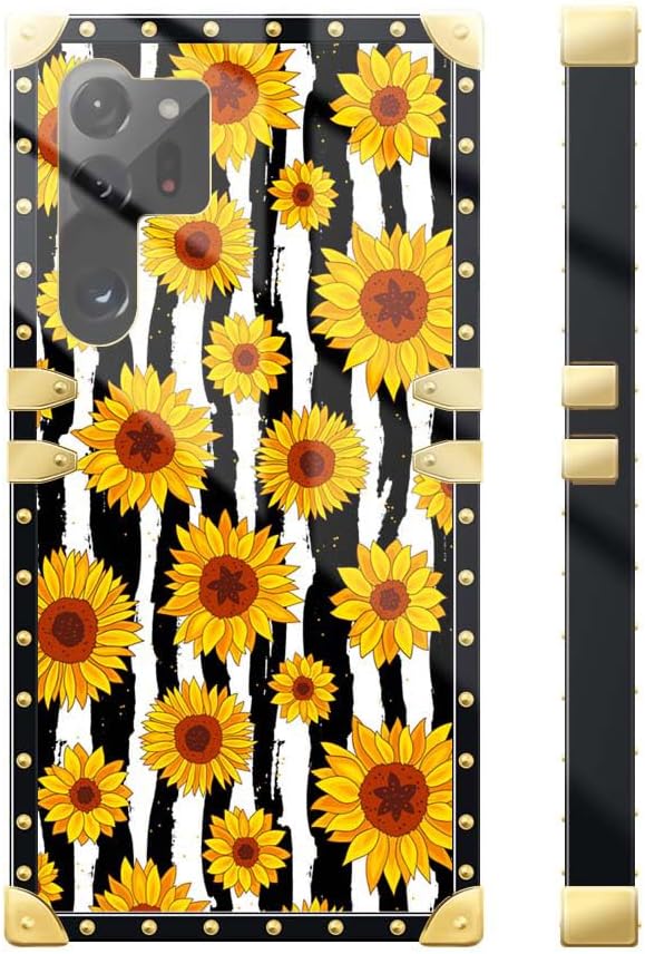 Funda compatible con Samsung Galaxy S23 Ultra, funda cuadrada de girasoles a rayas blancas y negras para niña, de metal de lujo, decorativa, suave