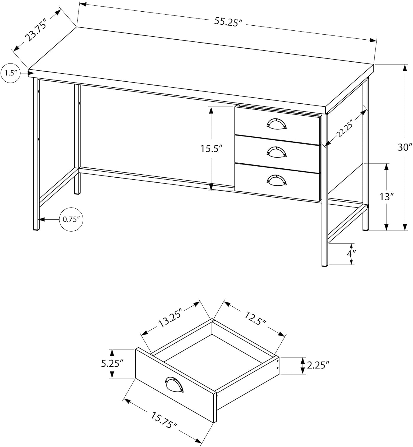 Monarch Specialties Escritorio industrial para computadora con 3 cajones, marco de metal, mesa de estudio rectangular para laptop, 55 pulgadas de