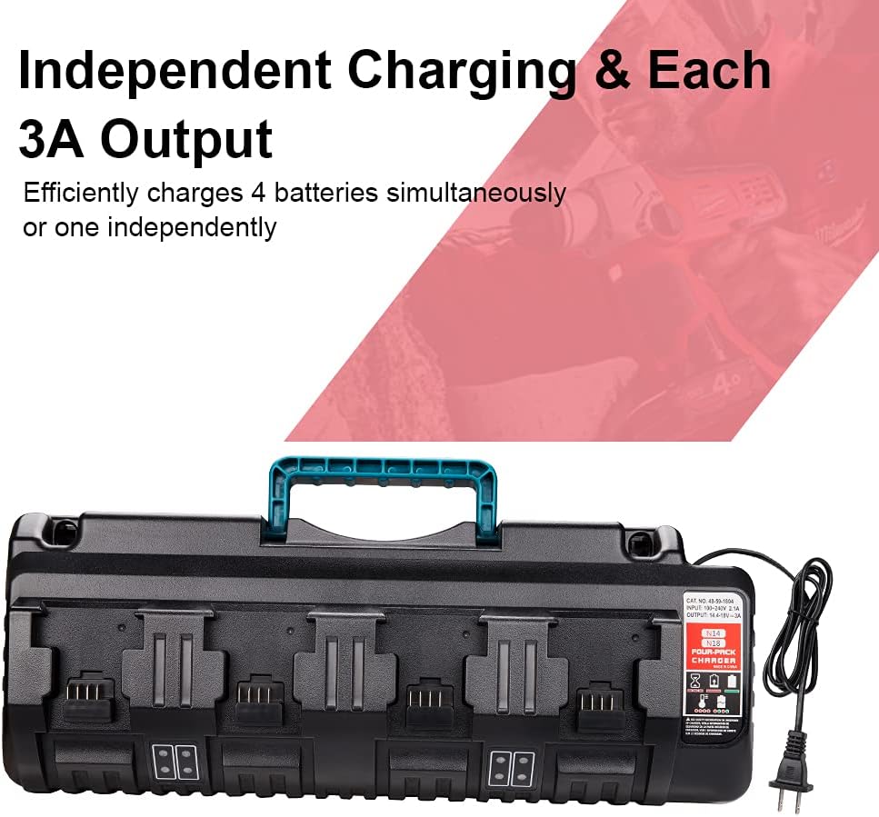 para cargador de batería M18, cargador rápido simultáneo de 4 puertos para batería de iones de litio Milwaukee 18v y Milwaukee Tools 48-11-1850