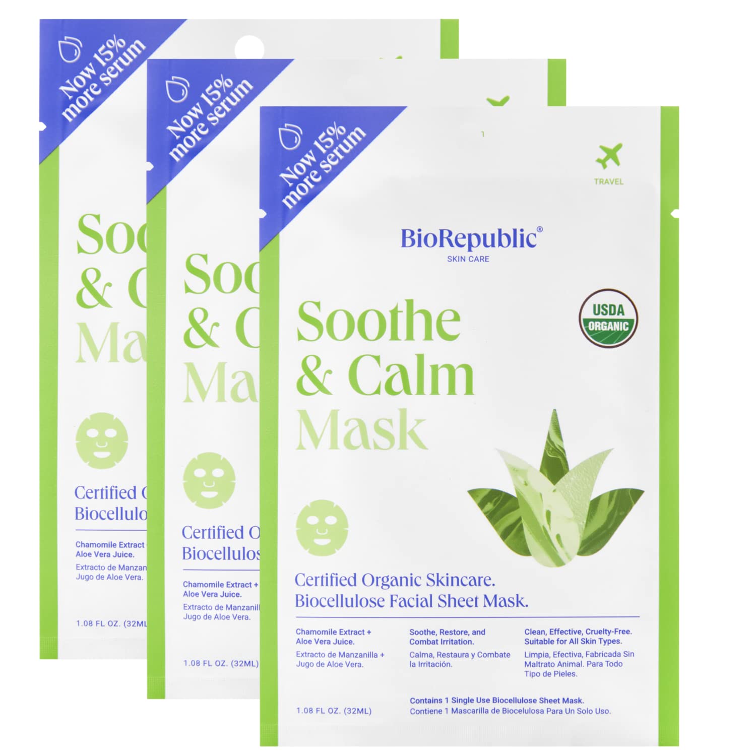 BioRepublic – Mascarilla facial orgánica para calmar y calmar  Hidrata, ilumina y nutre la piel  Mascarillas orgánicas de biocelulosa para una