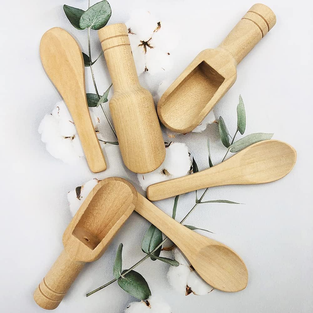 20 mini cucharas de madera, dos estilos y longitudes de mini cucharas se utilizan para condimentos, sal de baño, detergente en polvo, producción