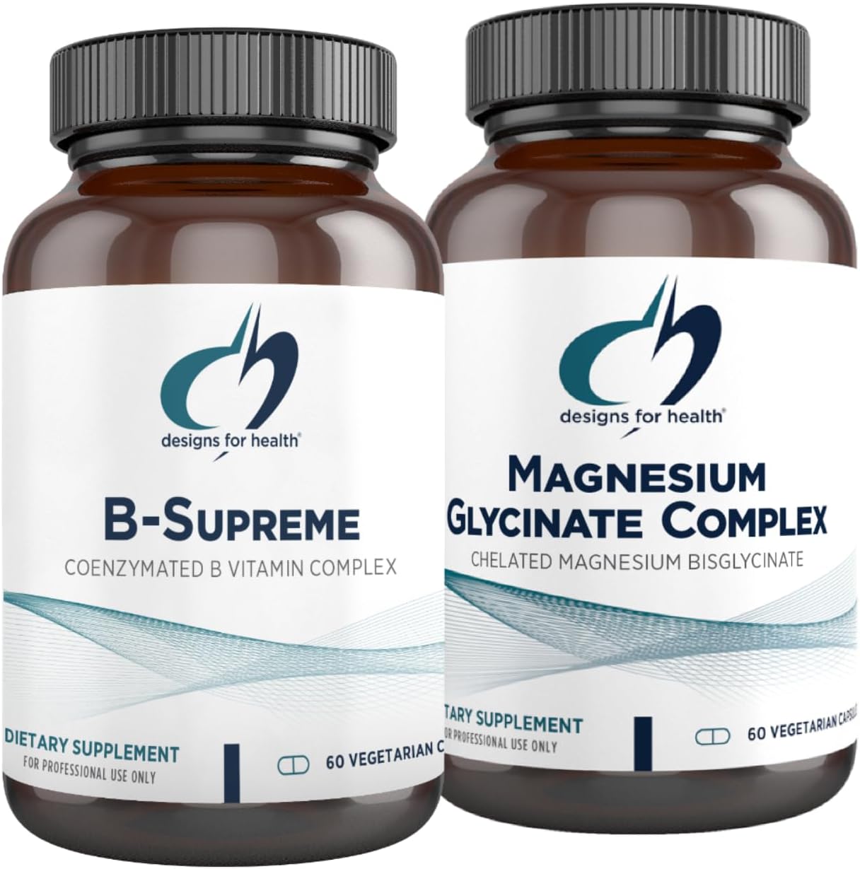 Designs for Health Complejo de glicinato de magnesio (60 cápsulas) y paquete B-Supreme (60 cápsulas)  Complejo vitamínico B con suplemento de