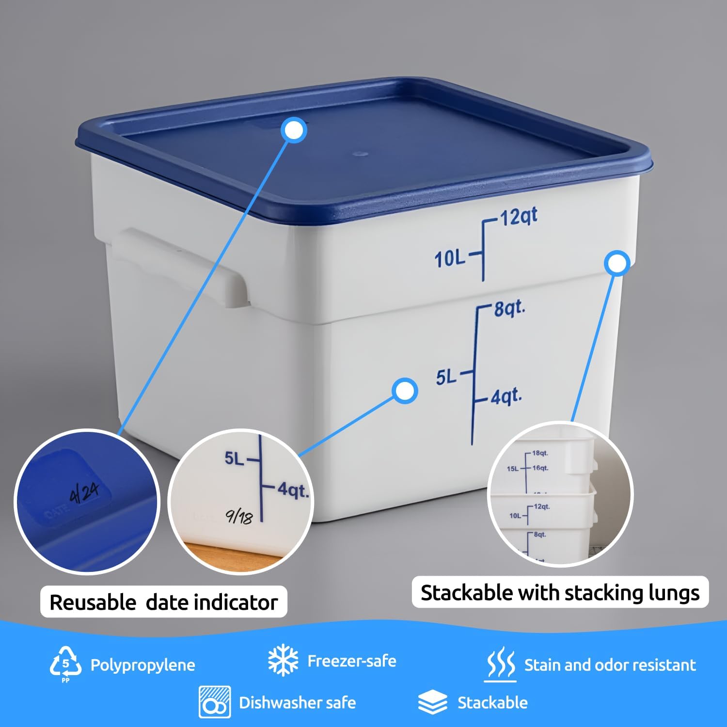 CUSINIUM Paquete de 2 recipientes cuadrados blancos de almacenamiento de alimentos de 12 cuartos con tapas