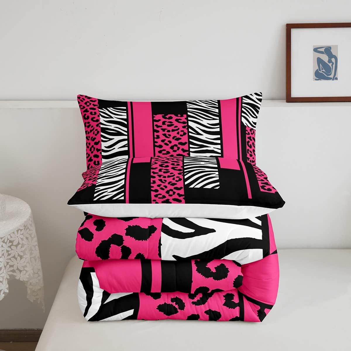 Feelyou Juego de edredón de cebra de leopardo, tamaño individual, para niños, rosa, blanco, negro, para niños, adolescentes, juego de ropa de cama