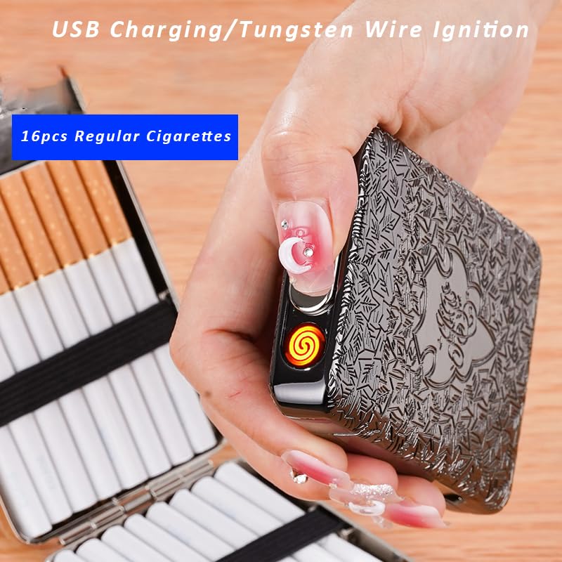 Caja de cigarrillos con encendedor USB, 16 piezas de 3.307 in de tamaño regularking cigarrillos eléctricos recargables sin llama a prueba de viento