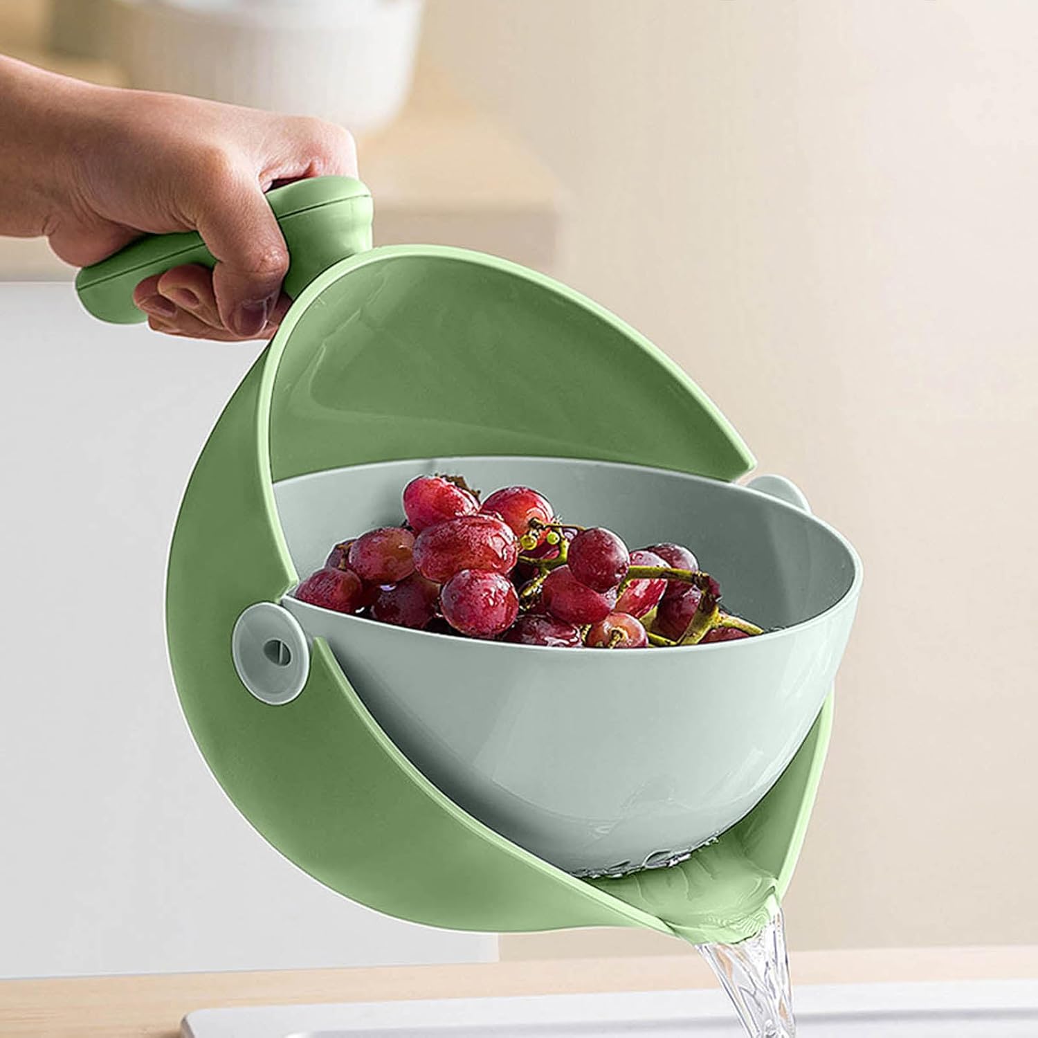 Juego de colador de cocina 2 en 1, colador de limpieza giratorio para verduras y frutas con asa, para frutas, verduras, pasta, fideos, cesta de