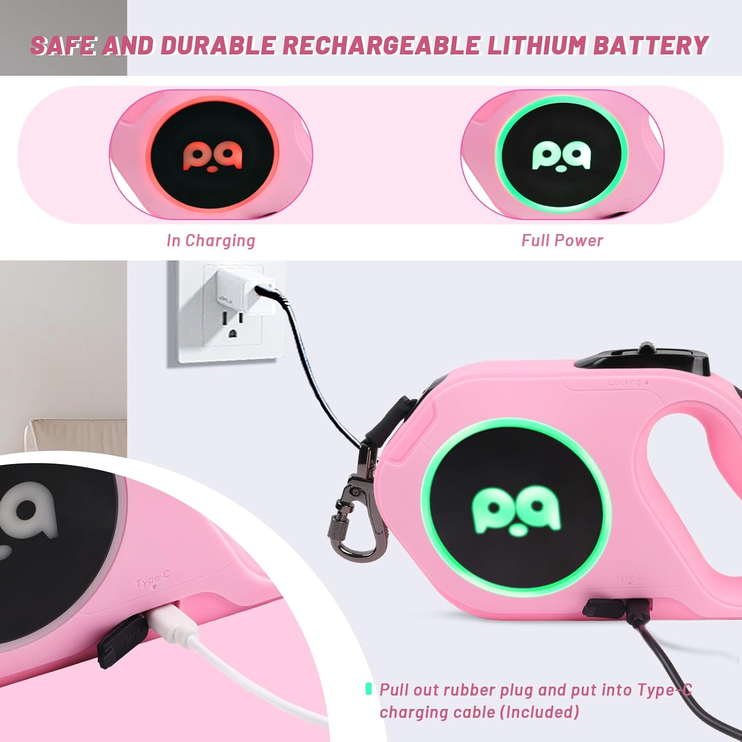 QQPETS Correa retráctil para perro con luz LED recargable, cinta de nailon resistente de 16 pies para paseos nocturnos de hasta 88 libras de