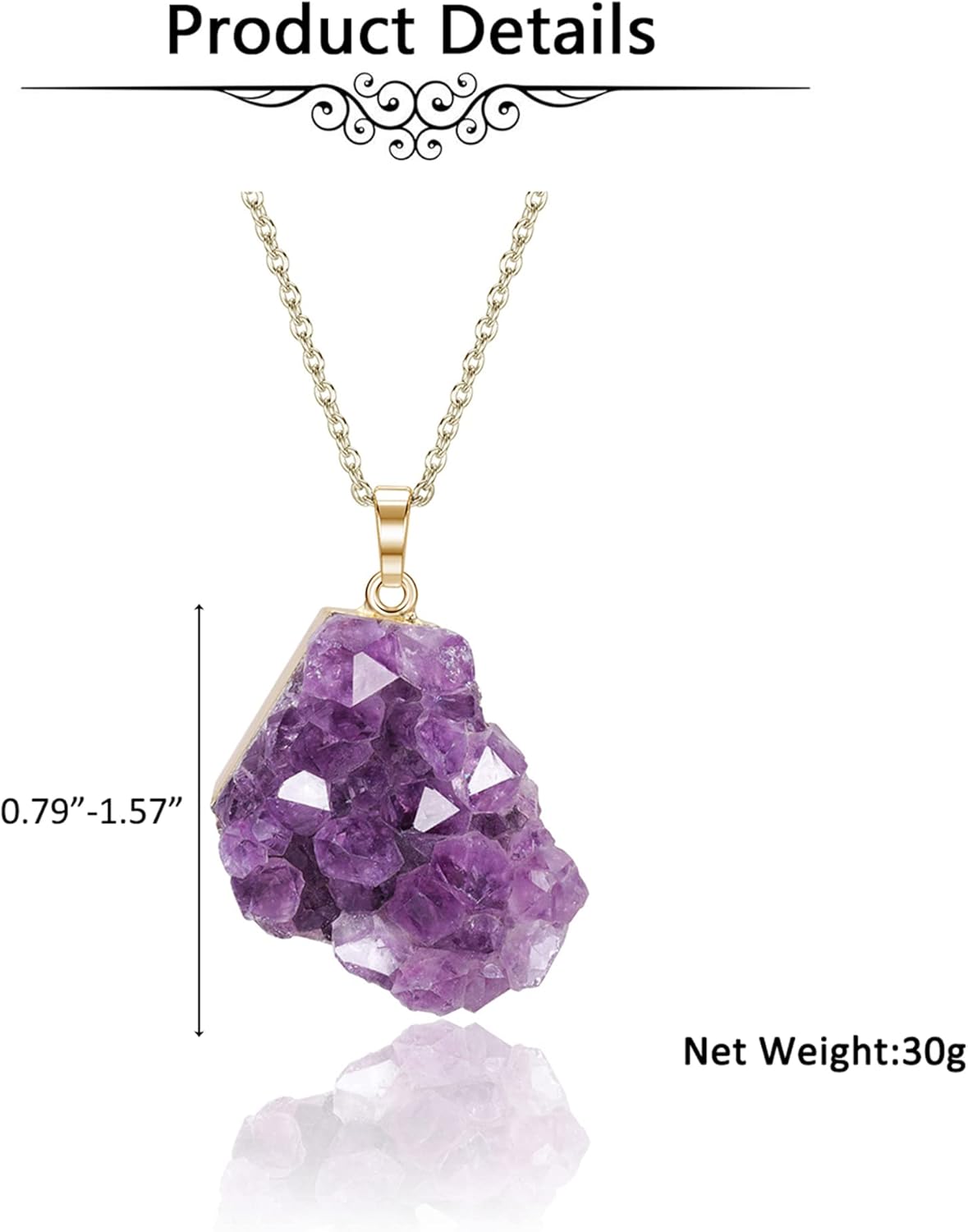 Jovivi Collar de cristal de amatista natural para mujeres y hombres, collar con colgante de piedra de cuarzo de amatista áspera irregular para