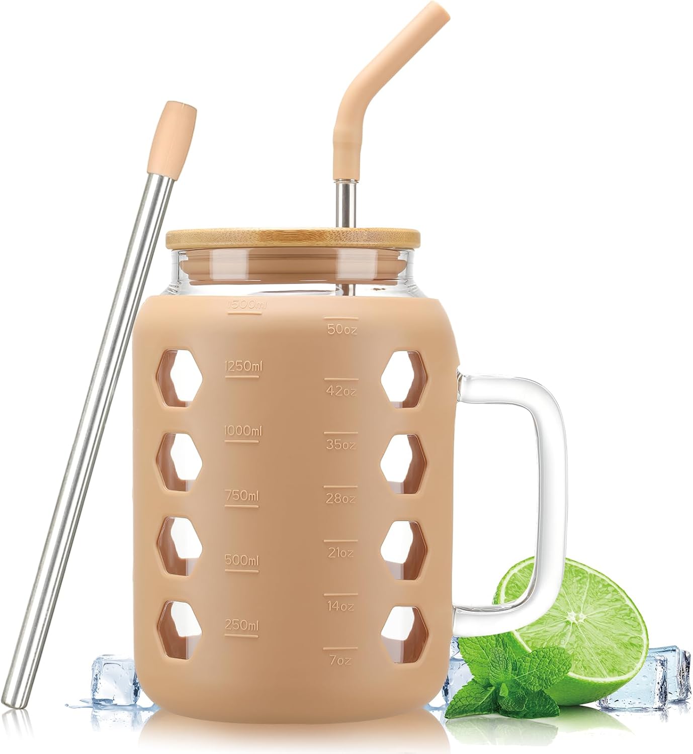 MUKOKO Vaso de vidrio con tapa de bambú y pajita, botellas de agua de vidrio de 50 onzas con marcador de tiempo, taza de café helado con asa, taza