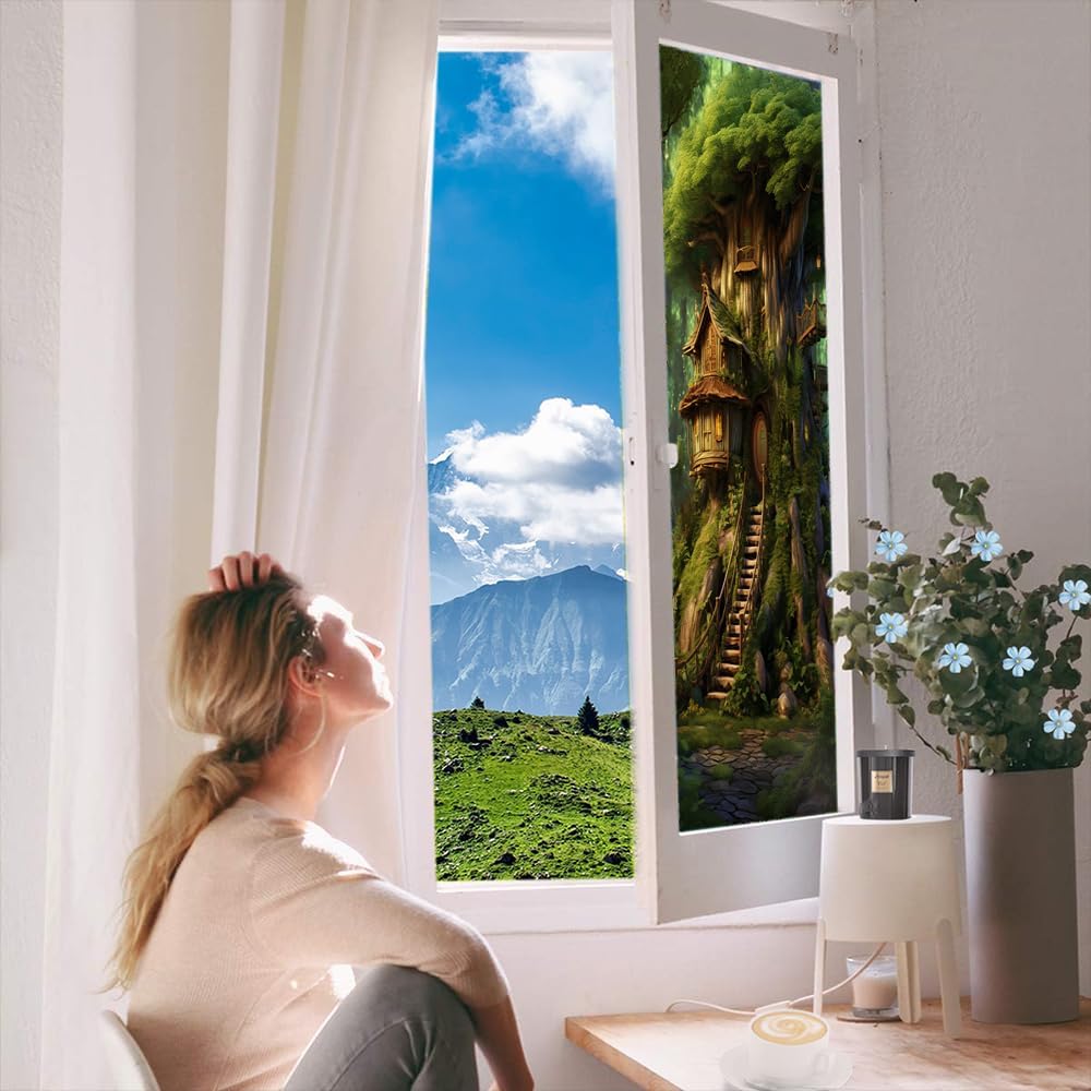 Película de privacidad rústica para ventana, diseño retro de árbol de casa, vitral, bloqueo solar, control de calor, película decorativa para cubrir