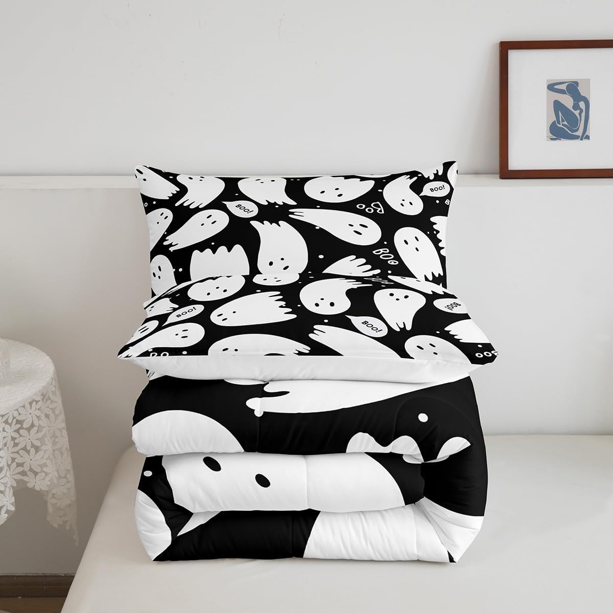 Juego de ropa de cama de Halloween, tamaño matrimonial, juego de edredón de fantasmas de dibujos animados para niños y niñas, lindo edredón kawaii