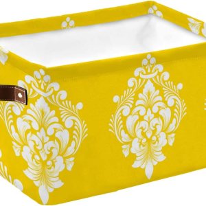 Yellow Paisley Storage Basket for Organizing Shelves, Collapsible Storage Bins Boxes with Handle, Luxurious Modern White Abstract Art Aesthetics Yellow Paisley Storage Basket for Organizing Shelves, Collapsible Storage Bins Boxes with Handle, Luxurious Modern White Abstract Art Aesthetics
