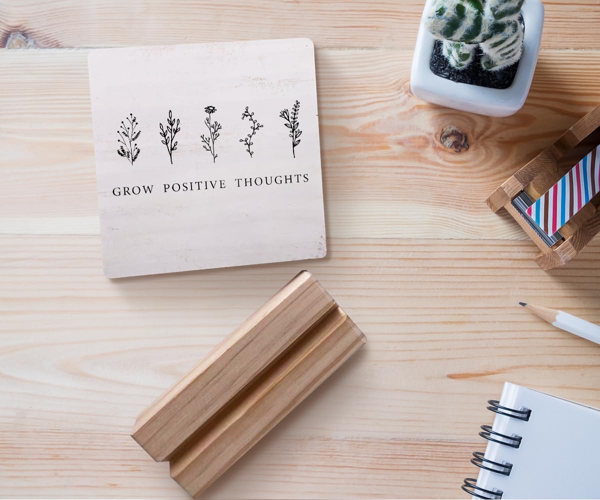 Decoración bohemia, letrero de placa de madera con texto en inglés “Grow Positive Thoughts Mental Health”, decoración de escritorio para estante de
