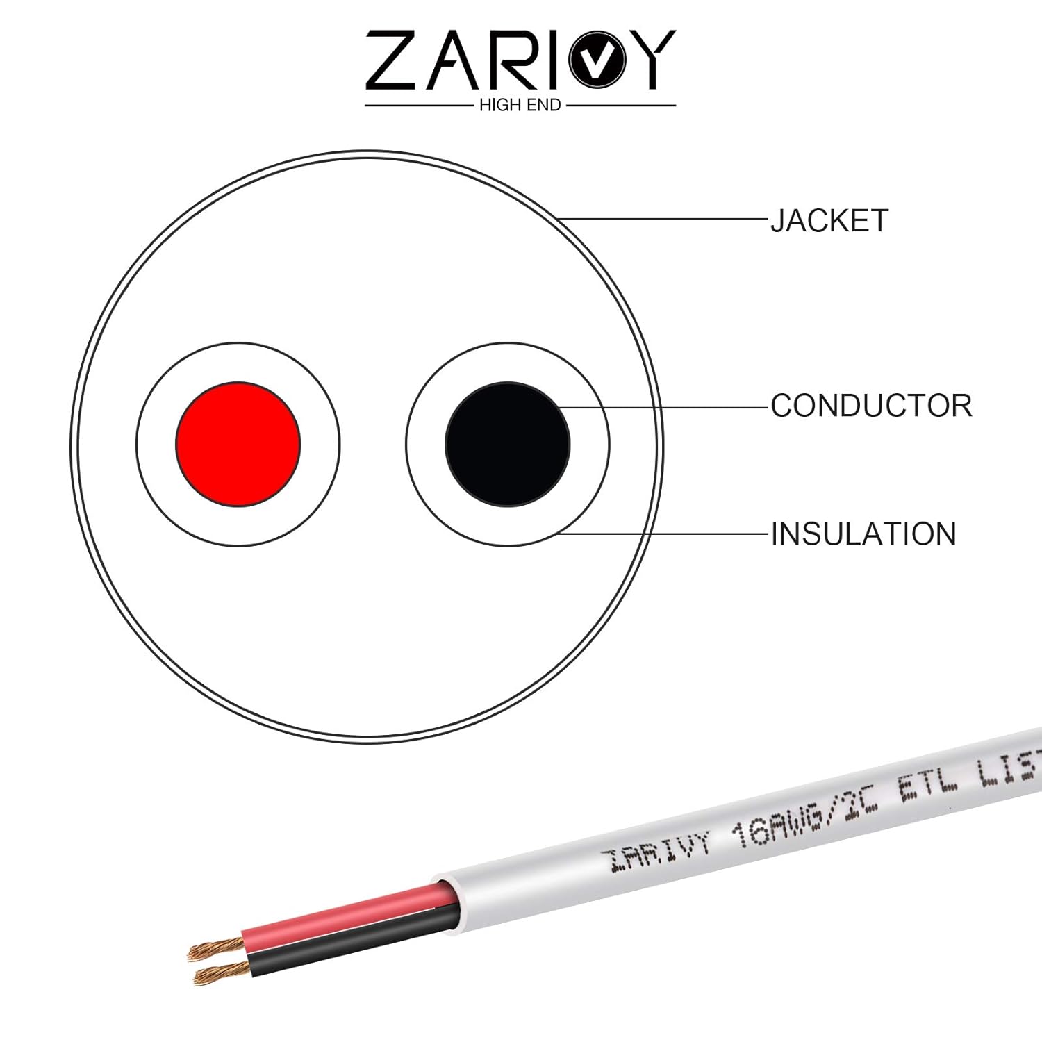 100 pies de calibre 16 2 conductores de cable rojo negro con chaqueta blanca CL2 resistente al fuego, cable de conexión eléctrica de 16 AWG, tiras