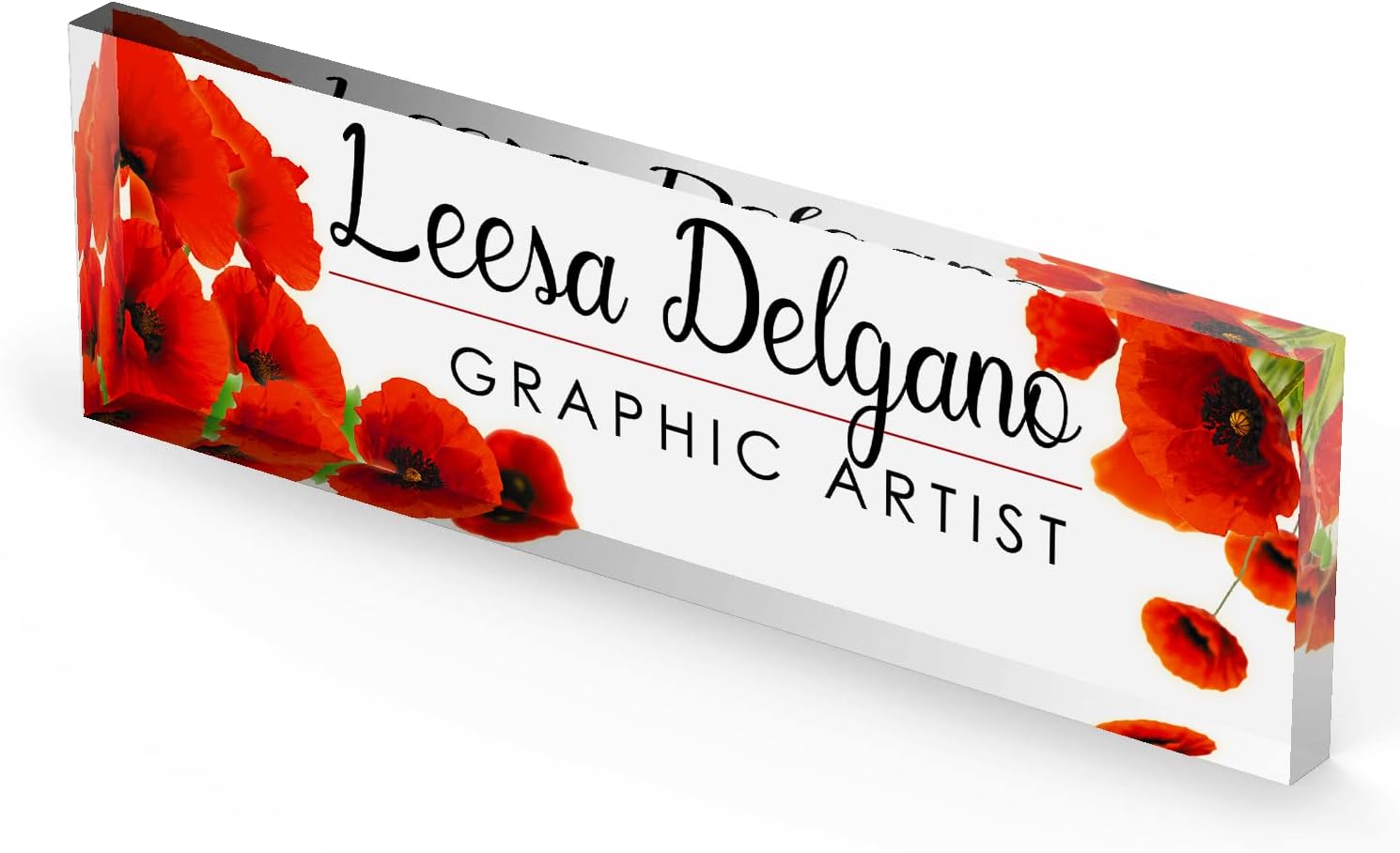 Artblox Placa de identificación personalizada de oficina para escritorio con tarjetero en vidrio acrílico transparente, diseño de flores de amapola,