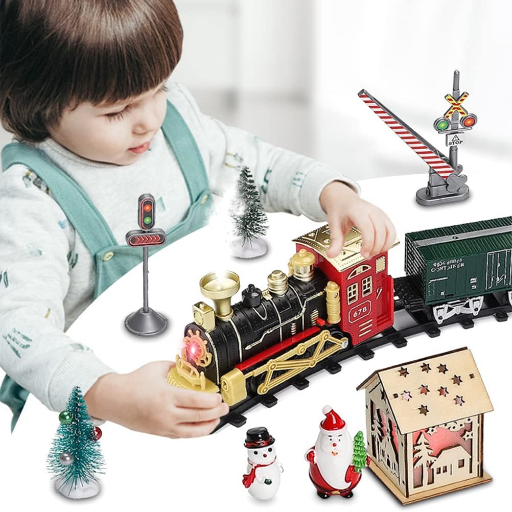 Juegos de tren de Navidad para debajo del árbol, tren de locomotora de vapor eléctrico con luces, música, funciona con pilas, juego para niños y
