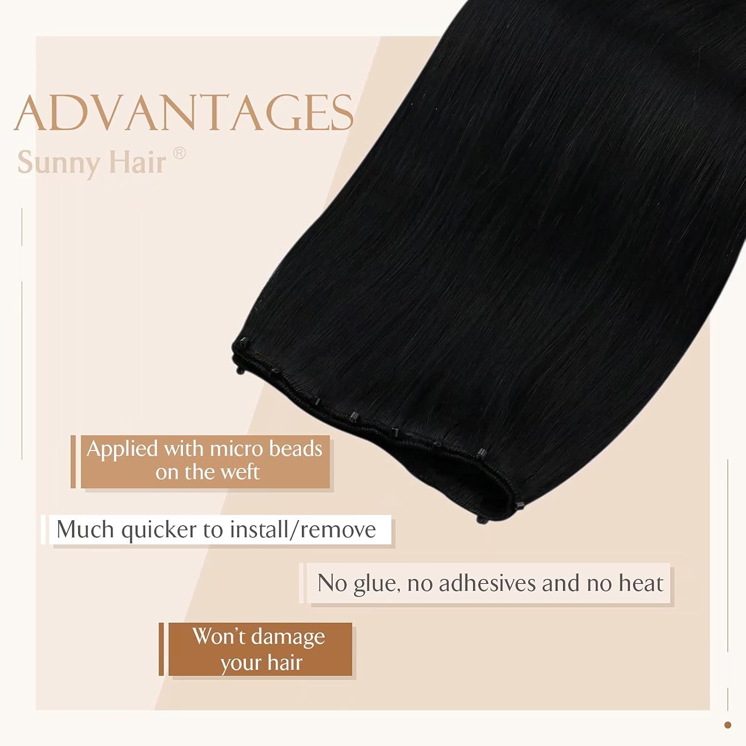 Sunny Extensiones de cabello humano real Remy en trama con microcuentas, color negro azabache, 1.76oz, suaves y sedosas, 20 pulgadas