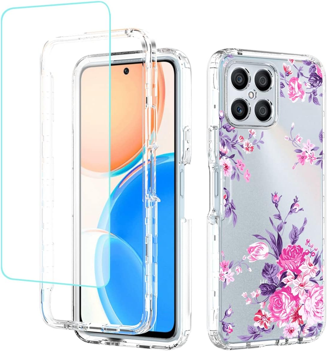 Vokuha Funda para Honor X8 (no compatible con X8 5G) TFY-LX1 TFY-LX2 con protector de pantalla de vidrio templado, funda protectora de TPU