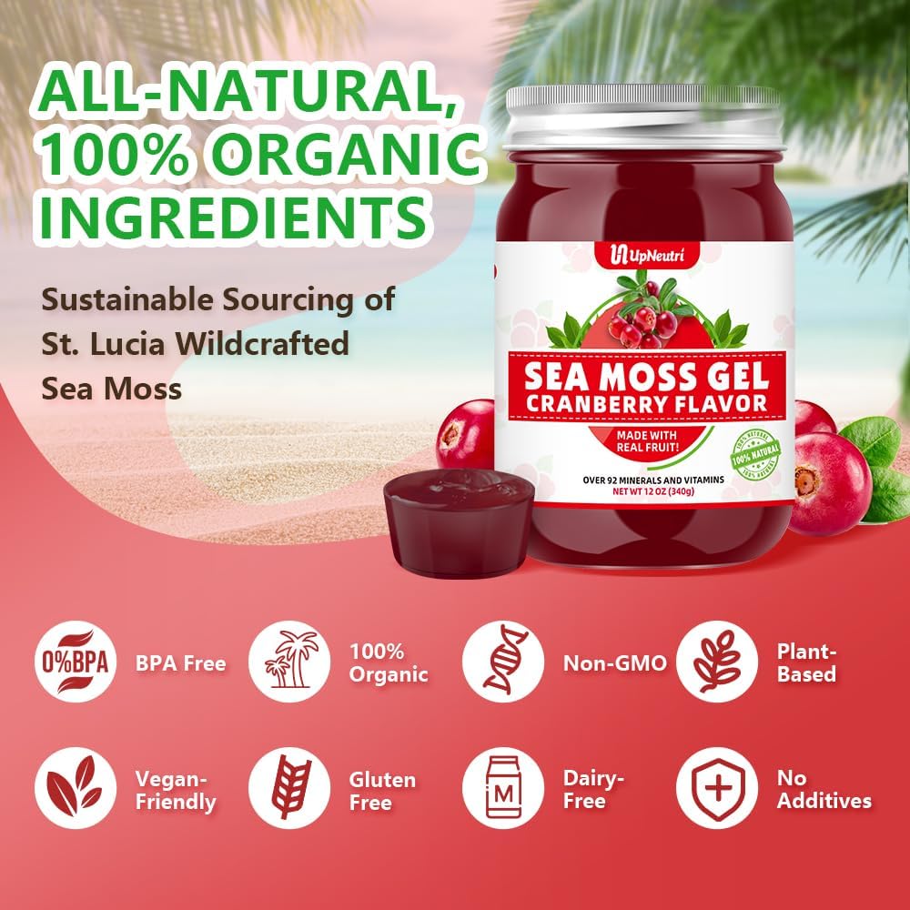 Gel de musgo marino  Wildcrafted Irish Sea Moss 92 Minerales y Vitaminas Defensa Inmunológica Apoyo Antioxidante Tiroideo, Vegano Sin OMG con sabor