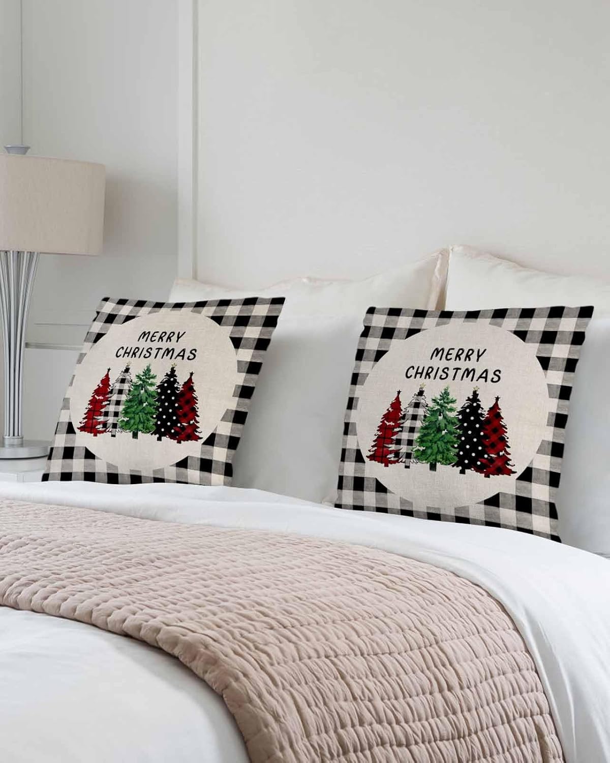 Juego de 2 fundas de almohada de Navidad de 18 x 18 pulgadas, fundas de cojín suaves de color blanco y negro, a cuadros, para sofá, dormitorio,