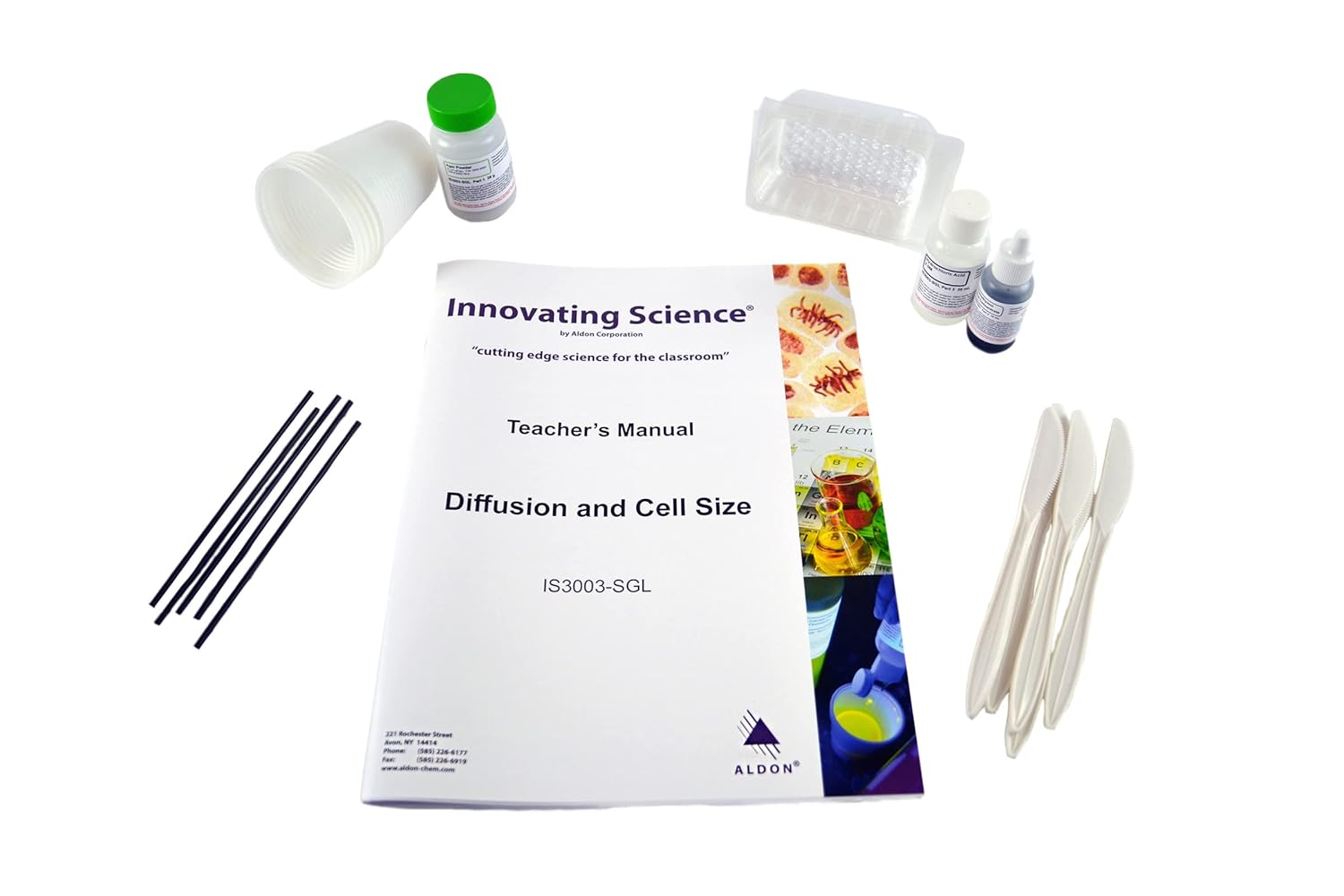 Kit de ciencia – Difusión y tamaño de celda – para enseñar relación de volumen a tasa de difusión – Actividad práctica de laboratorio – Materiales