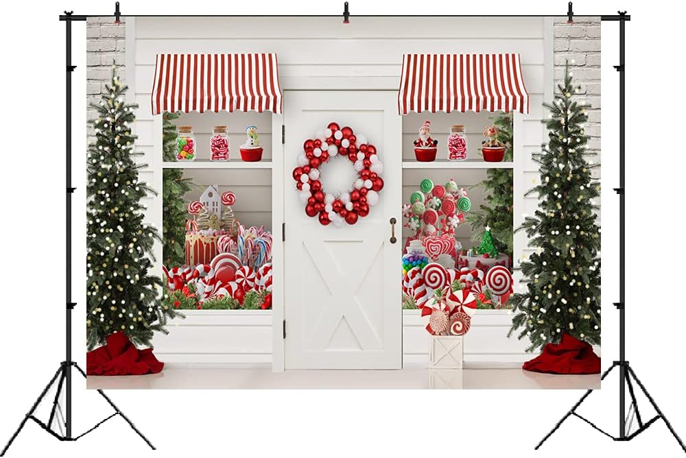 Lofaris Telón de fondo de Navidad de invierno con texto en inglés “Merry Christmas” Sweet Candy Storefront Cottage, guirnalda de Papá Noel, luces