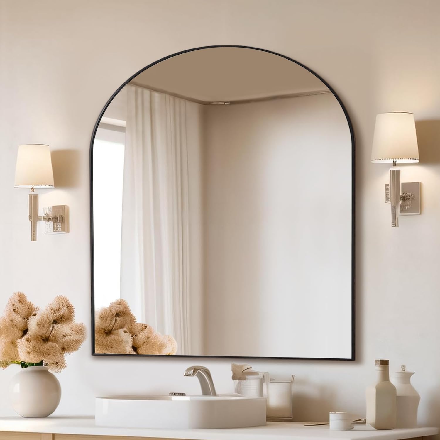 Mirrorons Espejo de baño arqueado de 33 x 31 pulgadas, espejo de pared moderno negro con marco de metal, espejo de tocador de baño con parte
