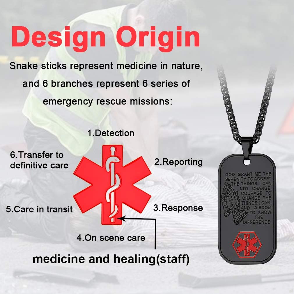 FaithHeart Collar de identificación de alerta médica, acero inoxidablechapado en oro de 18 quilates con colgante de identificación de emergencia
