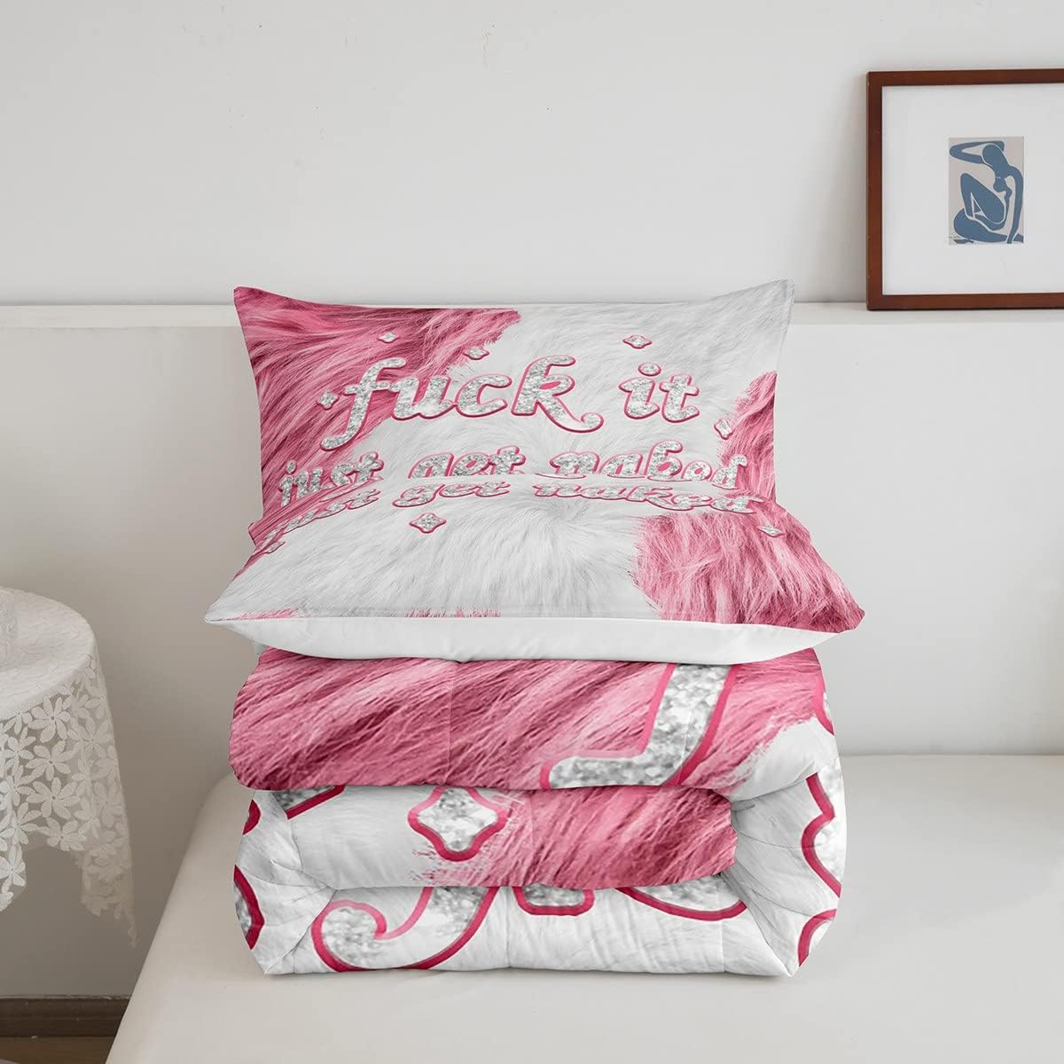 Feelyou Get Naked – Juego de ropa de cama para niños, juego de edredón de piel de vaca para niños, color rosa vaca, decoración con purpurina, juego
