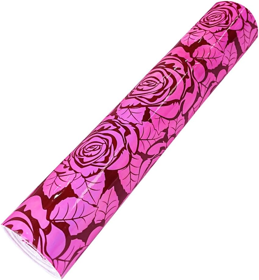 HYANG – Hojas de piel sintética holográfica rosa espejada, 1 rollo de 12 x 53 pulgadas, piel sintética muy adecuada para aretes de cuero, lazos,