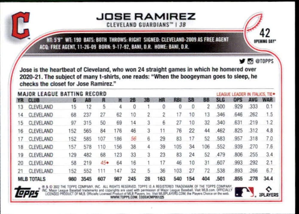 2022 Topps Opening Day #42 Jose Ramirez Cleveland Guardians MLB Baseball Trading Card