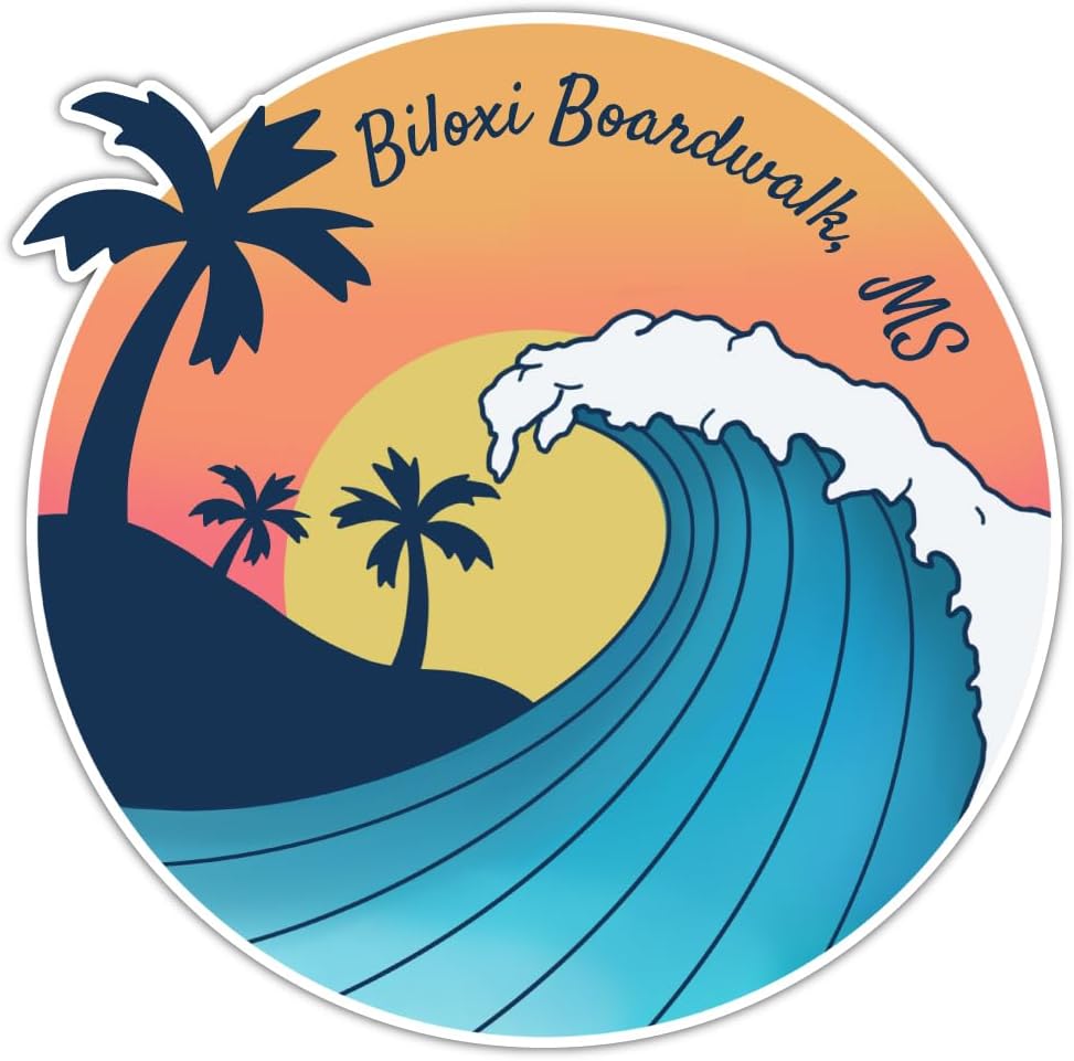 Biloxi Boardwalk Mississippi Beach Souvenir – Calcomanía de vinilo con diseño de ondas, 2 pulgadas