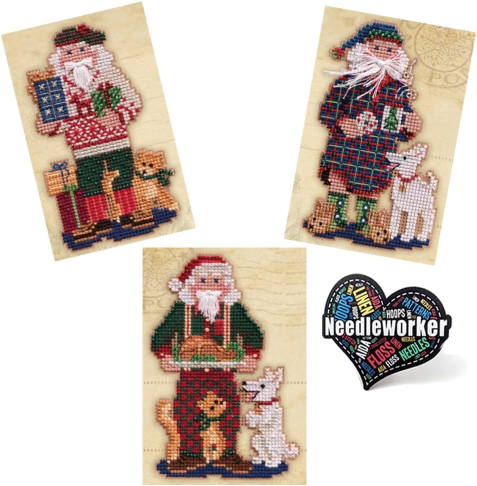 Mill Hill – Juego de 3 kits de punto de cruz con cuentas que incluyen la mañana de Navidad, regalos y recuerdos, además de calcomanía decorativa