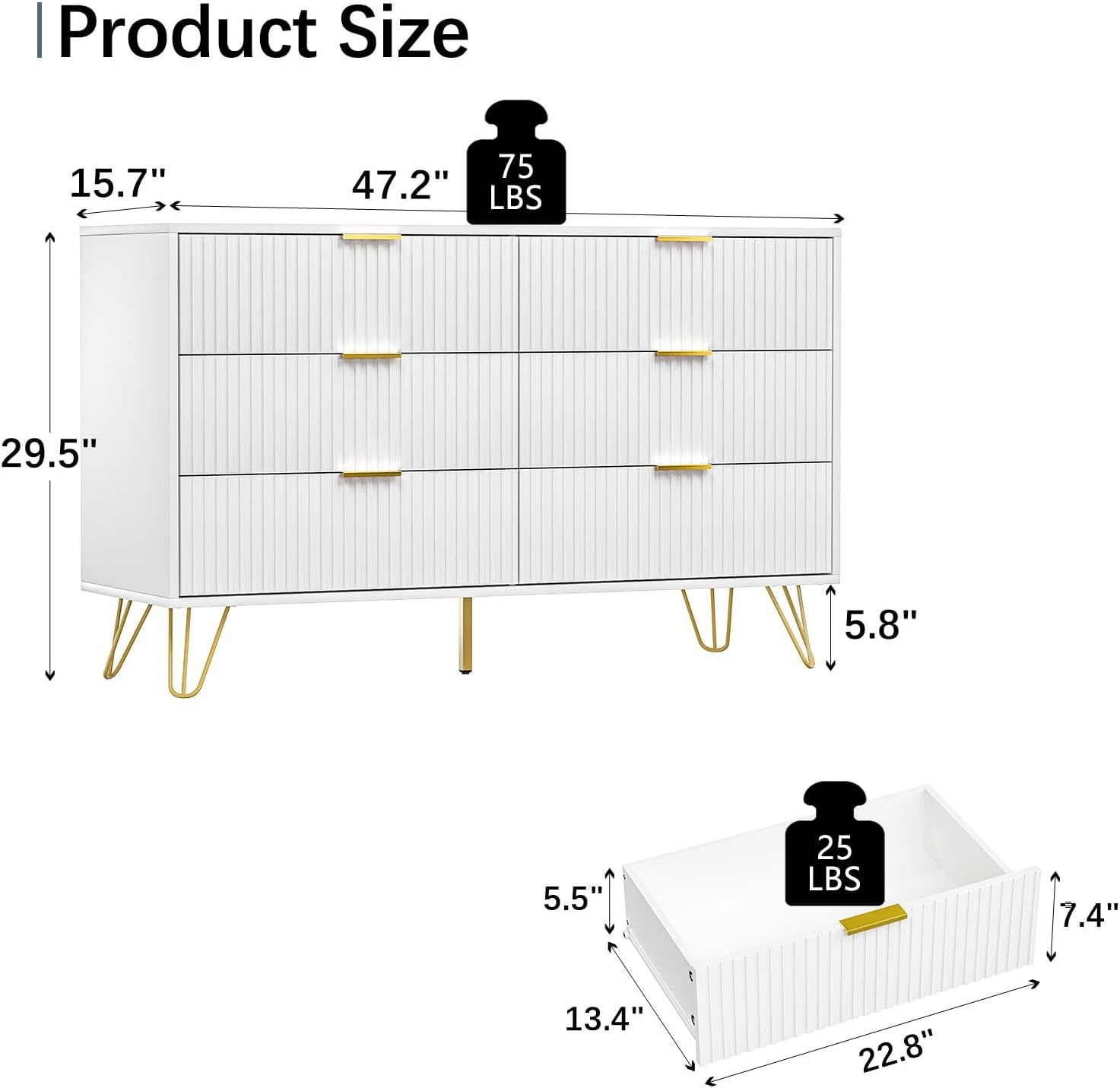 FURNIWAY Cómoda blanca, cómoda moderna de 6 cajones para dormitorio con asas doradas, cómoda ancha para sala de estar