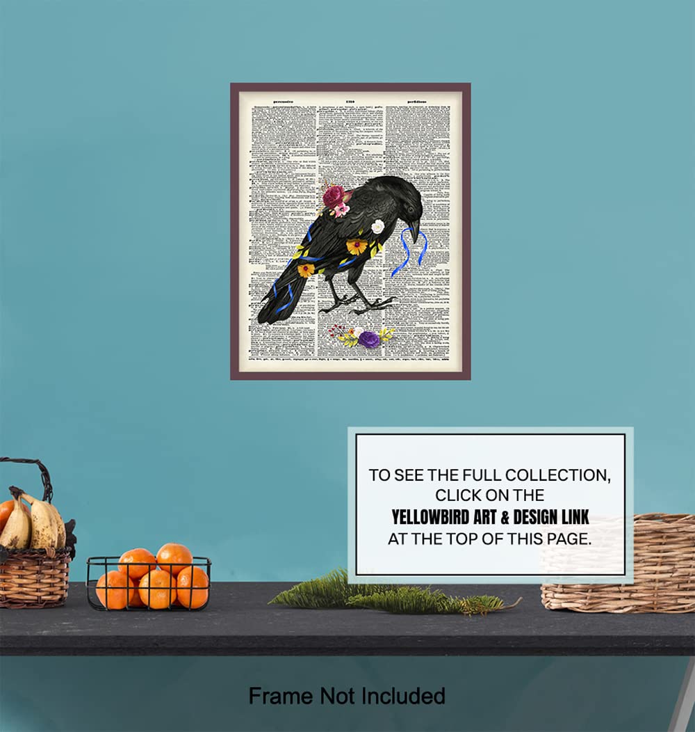 Floral Black Raven Wall Art – Gothic Crow Home Decor – Gift for Edgar Allan Poe, Goth Fans, Women – Cool Medieval Decor Picture Print for Bedroom,
