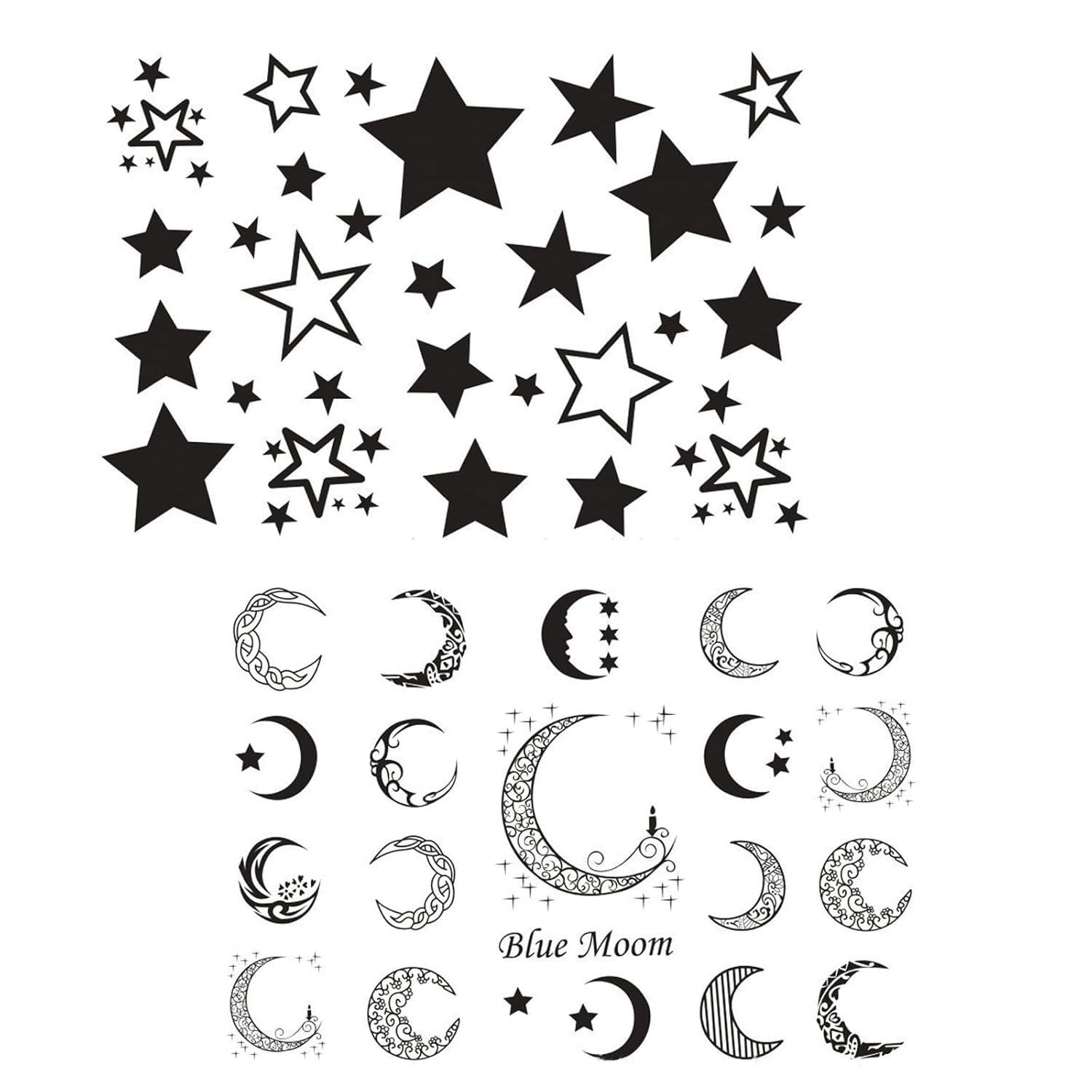 Nirbffo Calcomanía de tatuaje de estrella negra, luna, impermeable, negro, sexy, tatuaje falso, arte, cuerpo, cara, orejas, tatuaje moderno para