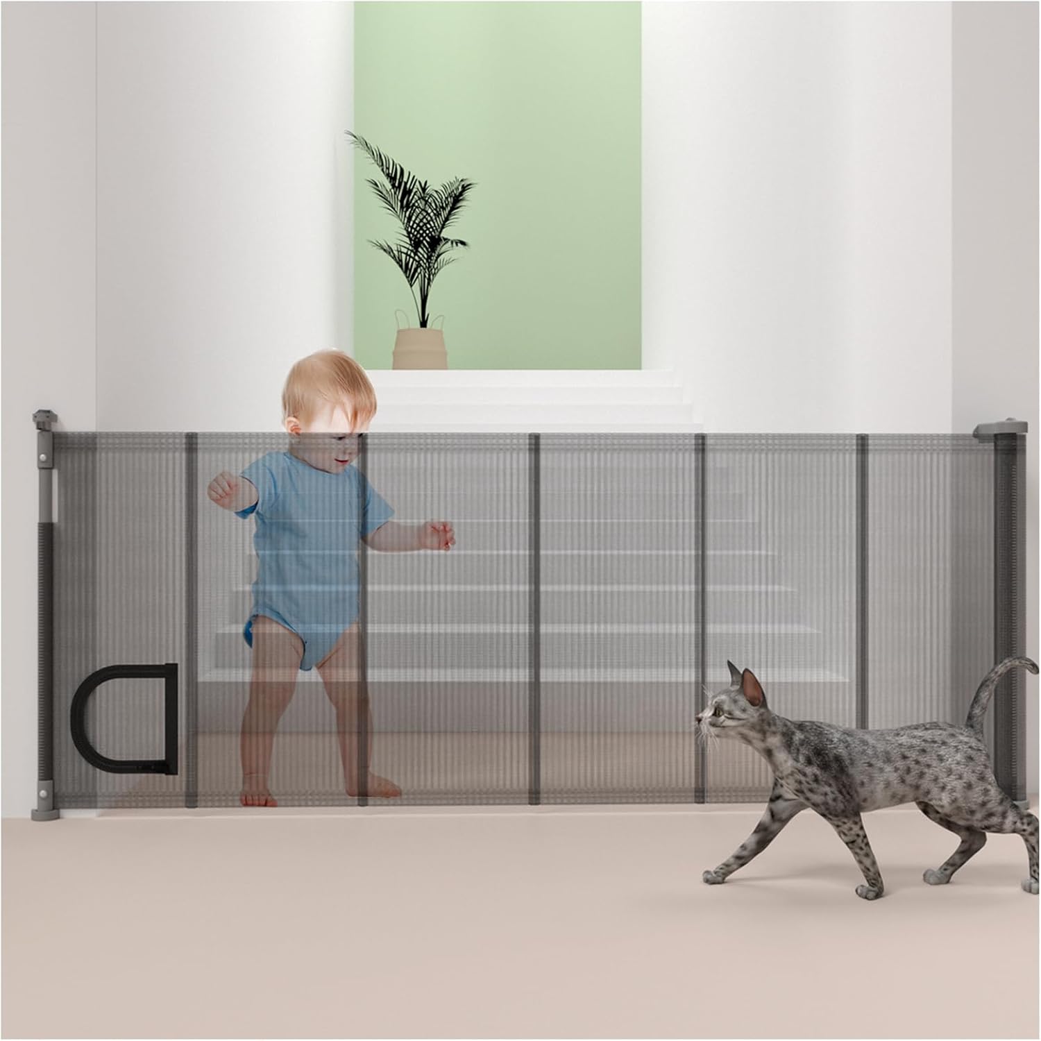 Puertas retráctiles para bebés 2.0, 34 pulgadas de alto, se expanden hasta 70 pulgadas de ancho, puerta de malla extra ancha para bebés con puerta